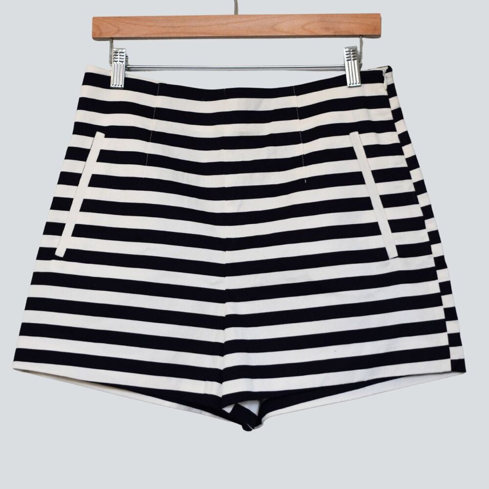 ZARA Striped High Waisted Shorts Navy Blue White Pocket NWT Size L
